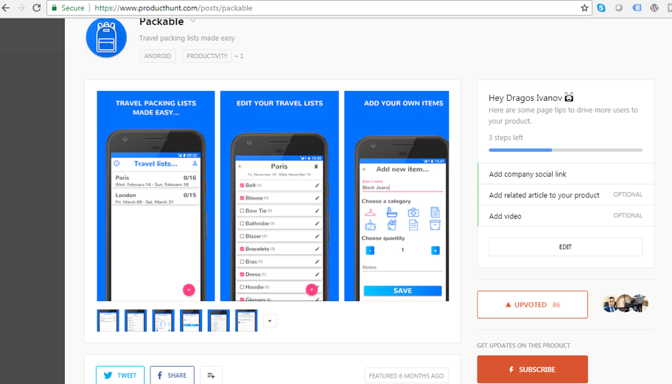 Packable Product Hunt