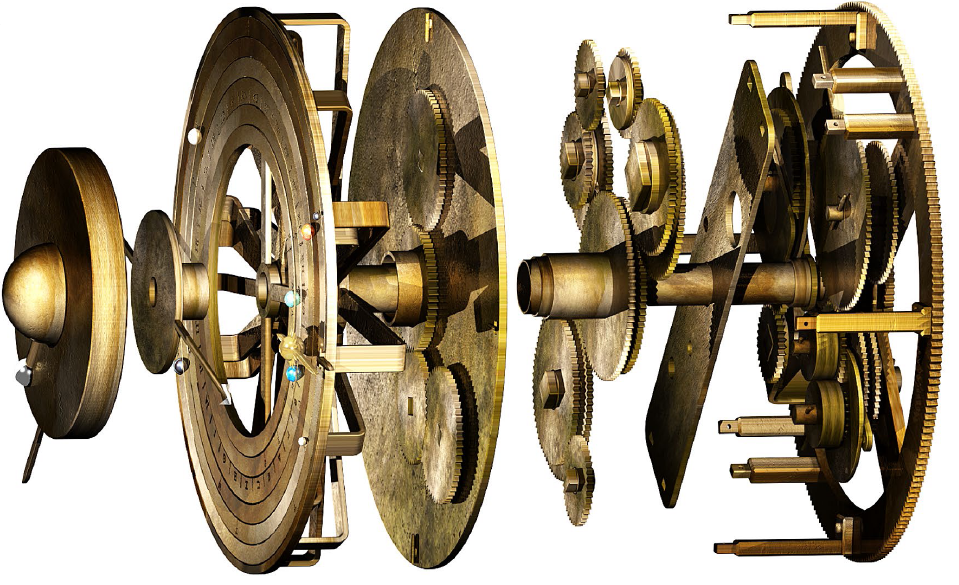 Exploded model of Cosmos gearing. From right to left: b1, mean Sun, Nodes, Mercury, Venus;true Sun and superior planets gearing; CP and shared gears; Ring Display; Dragon Hand; Moon position and phasemechanism