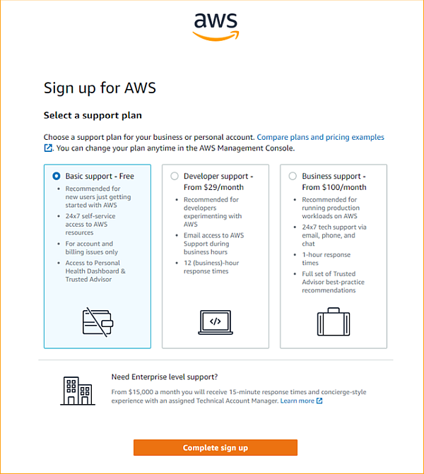 Sign up for AWS - Step 5 - Selecting a support plan