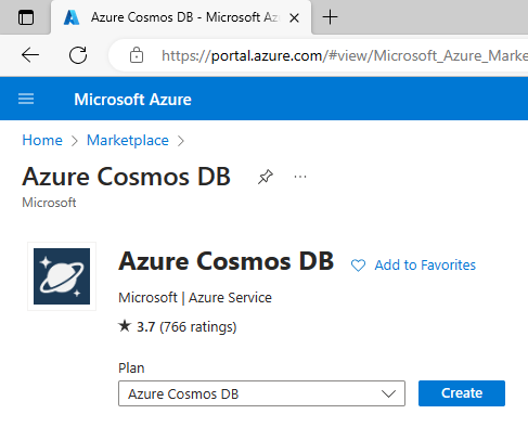 The Azure Cosmos DB service creation page with the Plan dropdown menu set to Azure Cosmos DB.