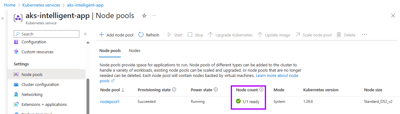 The Node pools menu indicates nodepool1 has 1 out of 1 nodes ready.