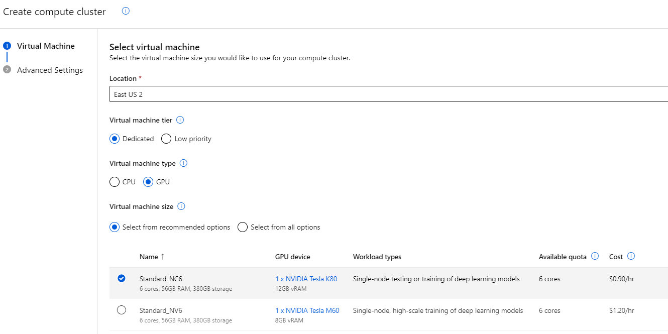 The virtual machine selection page with options to choose Location, VM tier and type, and VM size.
