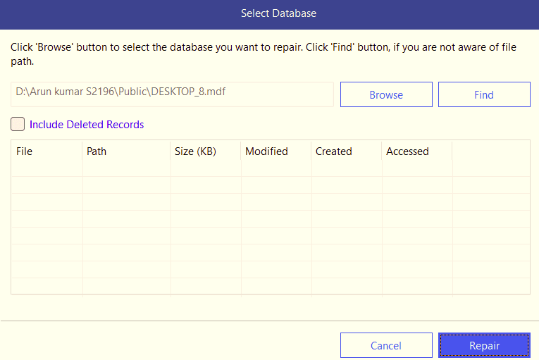 Software interface for Stellar Repair for MS SQL – Select Database