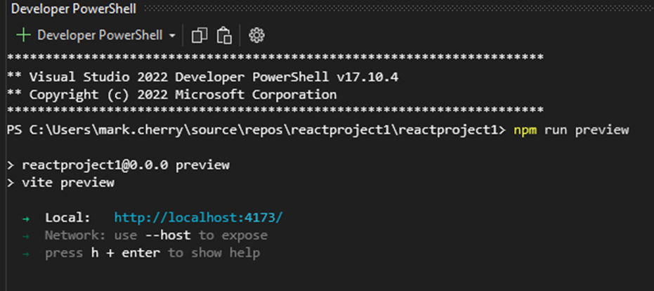 Visual Studio 2022 npm run preview running in Developer PowerShell.