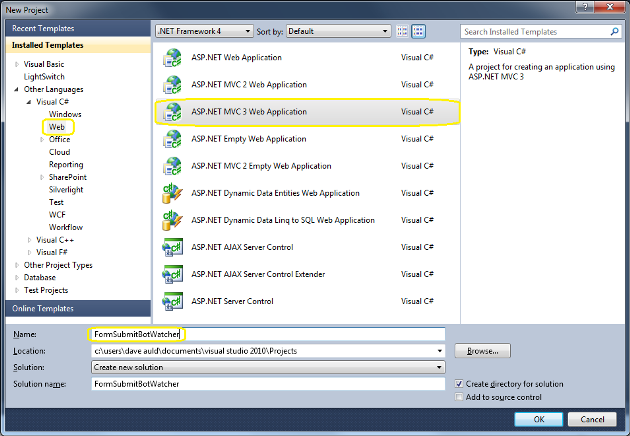 Create new project dialog