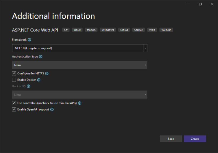 Create project - choose .NET Core framework