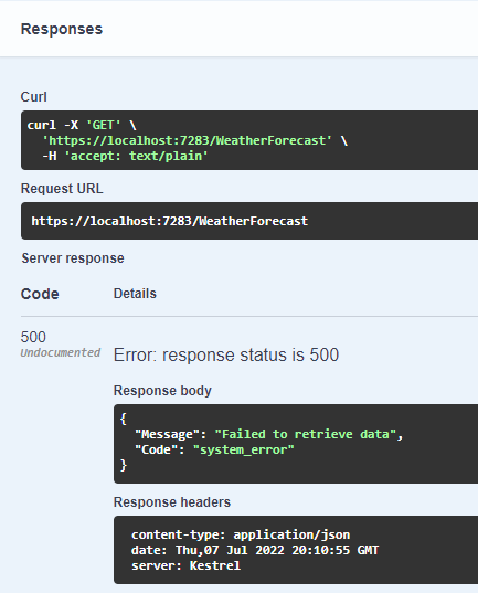 Swagger UI Response for API call