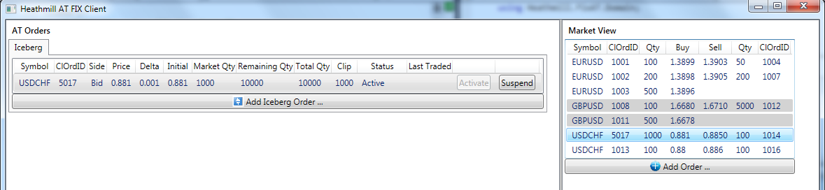 The market after inserting and activating the iceberg order but before any trades occur