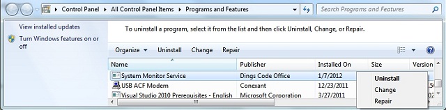 SysMonService for uninstallation created