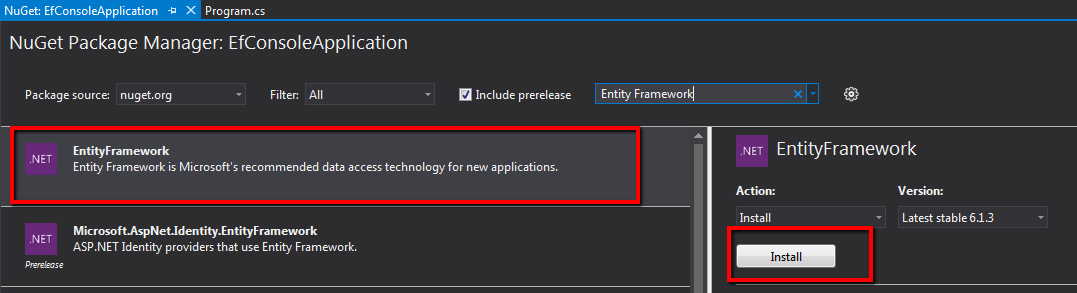Install Entity Framework