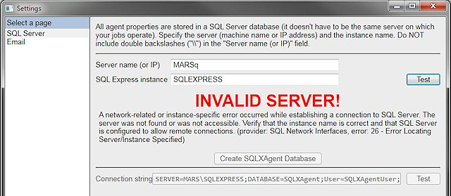 Settings form - showing invalid server