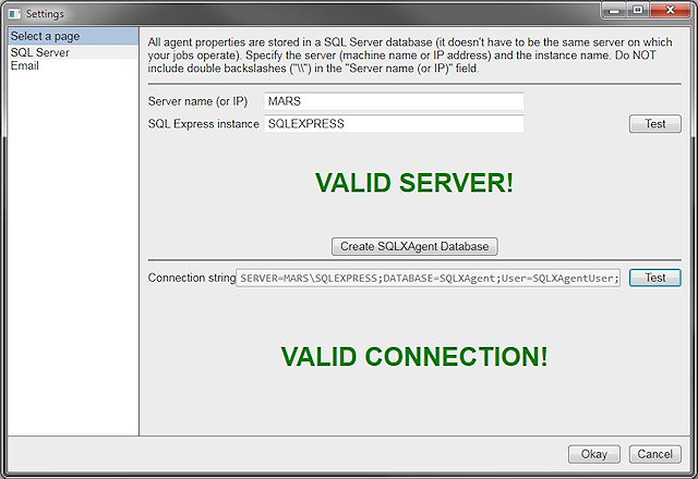 Settings form - showing valid server and connection
