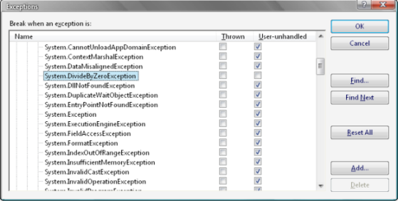 Exception list window