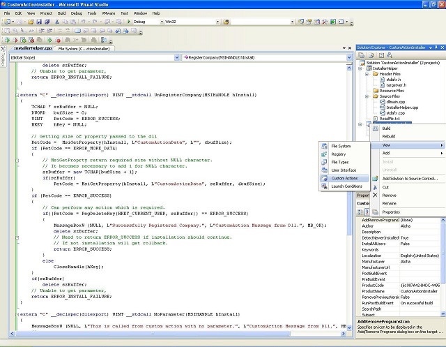 Adding custom action in installer project