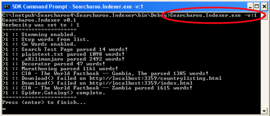 Command line application (running) Searcharoo.Indexer.exe -v:1