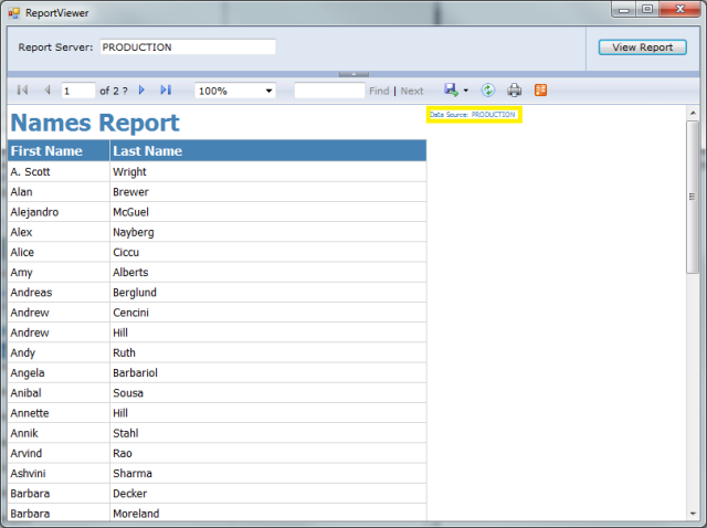 Testing a report from the RSExplorer++ tool pointing to PRODUCTION