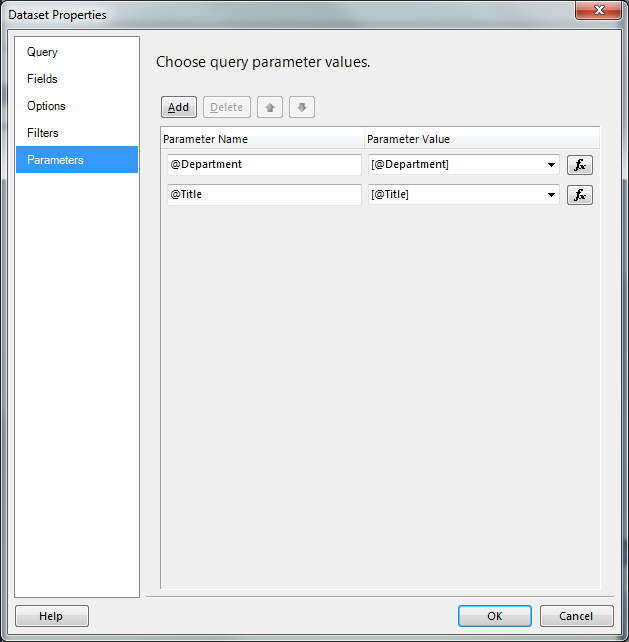 Names Report by Department and Title Report Data with dependency to the Department and Title parameter