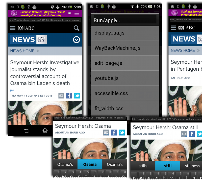 Subhash Browser & Feed Reader, an app created by me, supports user scripts and styles. JS and CSS files prefixed with an underscore will be executed/applied automatically on all pages.