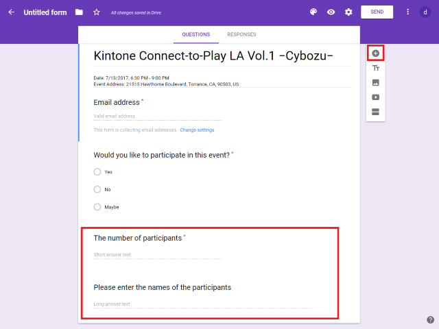 Screenshot of adding in more questions in to Google Forms.