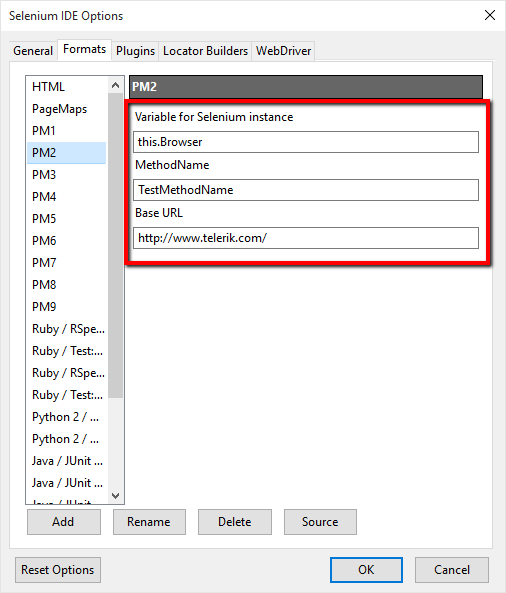 XUL XML Selenium IDE Export Format