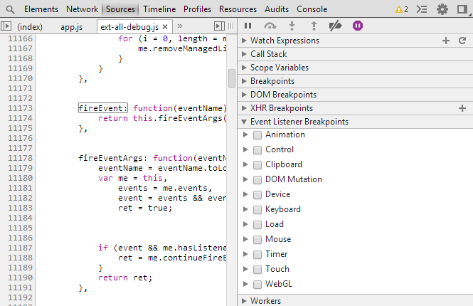 event listener breakpoints