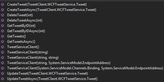 TweetClient Project - Object Browser TweetServiceClient Methods Screen-Shot