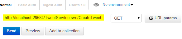 POSTMAN Tweet.WCFService.AJAX Project TweetService.svc CreateTweet URL Method run Screen-shot