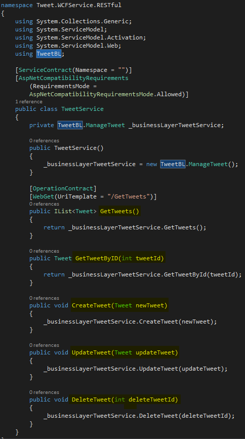 Tweet.WCFService.RESTful TweetService.svc with TweetBL Business Methods Screen-shot