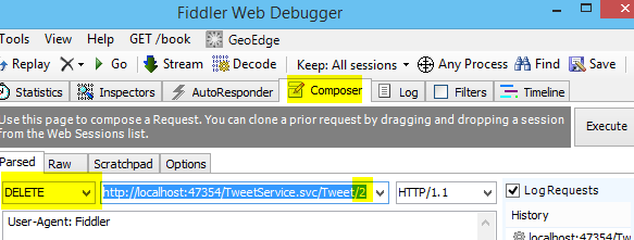 DeleteTweet Method Fiddler DeleteTweet Method URI