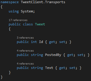 TweetClient Project - Transports Folder and Tweet Object Definition Screen-Shot